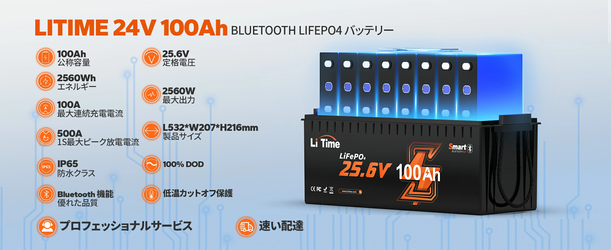 LiTime 24V 100Ah Bluetoothリン酸鉄リチウムイオンバッテリー｜大容量
